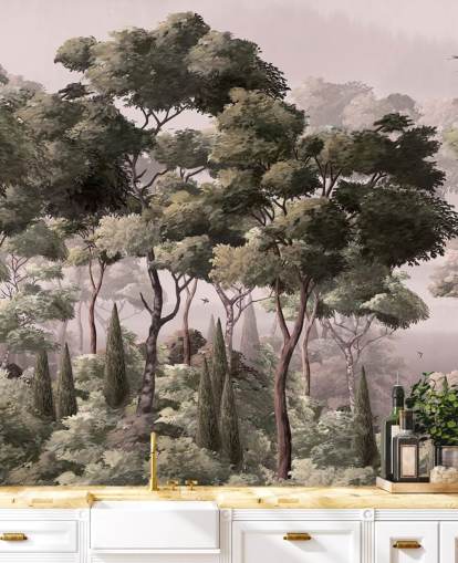 pink and green forest wallpaper mural called Vintage Forest Landscape Pink at Wallsauce for bedrooms and living rooms pink and green forest wallpaper mural called Vintage Forest Landscape Pink at Wallsauce for bedrooms and living rooms