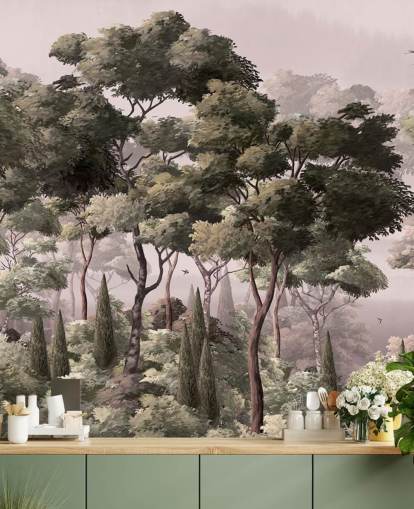 lyserødt og grønt skovtapet vægmaleri kaldet Vintage Forest Landscape Pink på Wallsauce til soveværelser og stuer