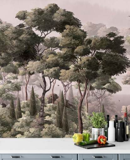 vaaleanpunainen ja vihreä metsätaustakuvamaalaus nimeltä Vintage Forest Landscape Pink Wallsaucessa makuuhuoneisiin ja olohuoneisiin vaaleanpunainen ja vihreä metsätaustakuvamaalaus nimeltä Vintage Forest Landscape Pink Wallsaucessa makuuhuoneisiin ja olohuoneisiin