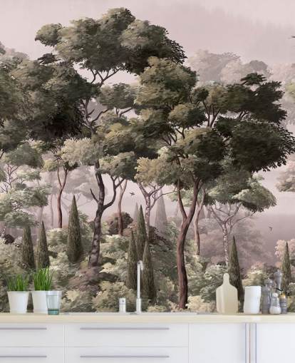 pink and green forest wallpaper mural called Vintage Forest Landscape Pink at Wallsauce for bedrooms and living rooms