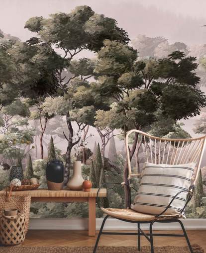 carta da parati murale rosa e verde con foresta chiamata Vintage Forest Landscape Pink at Wallsauce per camere da letto e salotti
