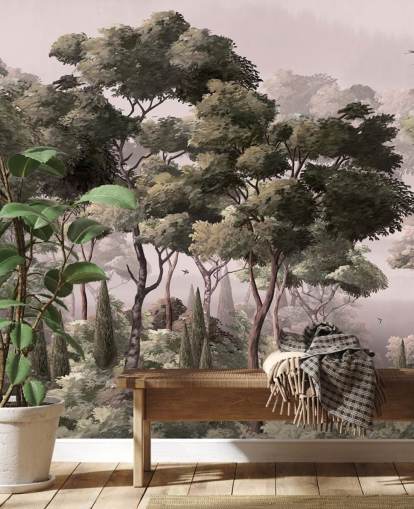 papier peint mural de forêt rose et verte appelé Vintage Forest Landscape Pink at Wallsauce pour les chambres et les salons