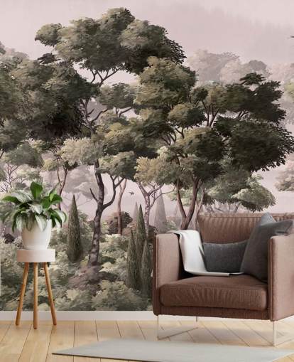 pink and green forest wallpaper mural called Vintage Forest Landscape Pink at Wallsauce for bedrooms and living rooms pink and green forest wallpaper mural called Vintage Forest Landscape Pink at Wallsauce for bedrooms and living rooms