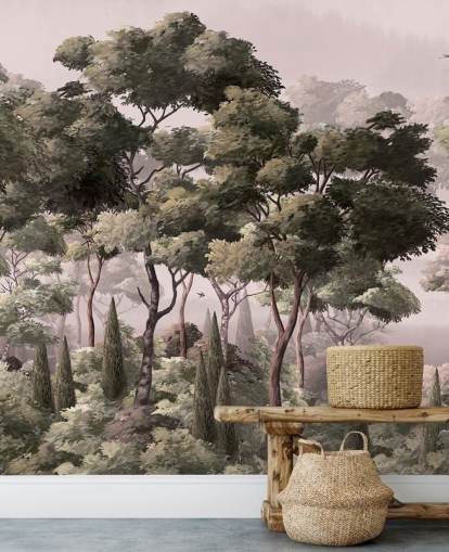 roze en groene bosbehangmuurschildering genaamd Vintage Forest Landscape Pink at Wallsauce voor slaapkamers en woonkamers