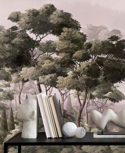 mural de papel de parede florestal rosa e verde chamado Vintage Forest Landscape Pink at Wallsauce para quartos e salas de estar