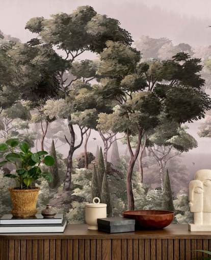 mural de papel pintado de bosque rosa y verde llamado Vintage Forest Landscape Pink at Wallsauce para dormitorios y salas de estar
