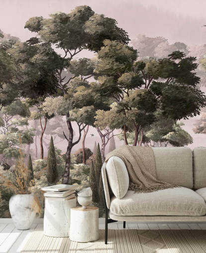 papier peint mural de forêt rose et verte appelé Vintage Forest Landscape Pink at Wallsauce pour les chambres et les salons papier peint mural de forêt rose et verte appelé Vintage Forest Landscape Pink at Wallsauce pour les chambres et les salons