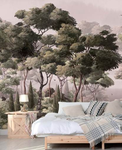 roze en groene bosbehangmuurschildering genaamd Vintage Forest Landscape Pink at Wallsauce voor slaapkamers en woonkamers roze en groene bosbehangmuurschildering genaamd Vintage Forest Landscape Pink at Wallsauce voor slaapkamers en woonkamers