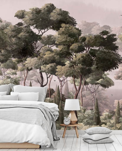 vaaleanpunainen ja vihreä metsätaustakuvamaalaus nimeltä Vintage Forest Landscape Pink Wallsaucessa makuuhuoneisiin ja olohuoneisiin vaaleanpunainen ja vihreä metsätaustakuvamaalaus nimeltä Vintage Forest Landscape Pink Wallsaucessa makuuhuoneisiin ja olohuoneisiin