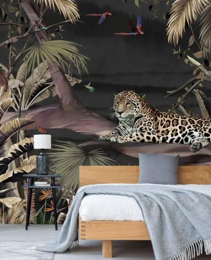 mural de papel pintado de la jungla oscura llamado Relaxing Jungle Jaguar Dark at Wallsauce para dormitorios y salas de estar