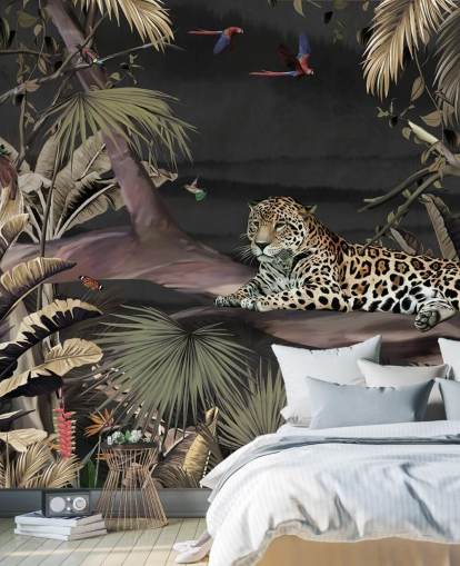 mural de papel pintado de la jungla oscura llamado Relaxing Jungle Jaguar Dark at Wallsauce para dormitorios y salas de estar mural de papel pintado de la jungla oscura llamado Relaxing Jungle Jaguar Dark at Wallsauce para dormitorios y salas de estar