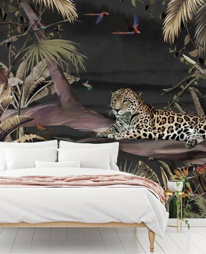 dunkles Dschungel-Tapeten-Wandbild namens Relaxing Jungle Jaguar Dark at Wallsauce für Schlafzimmer und Wohnzimmer dunkles Dschungel-Tapeten-Wandbild namens Relaxing Jungle Jaguar Dark at Wallsauce für Schlafzimmer und Wohnzimmer