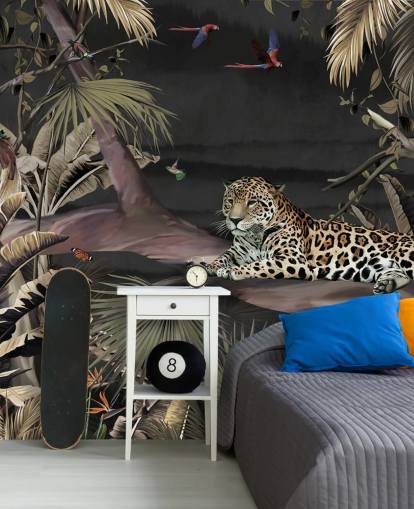 mural de papel de parede da selva escura chamado Relaxing Jungle Jaguar Dark at Wallsauce para quartos e salas de estar