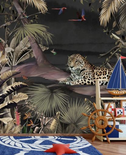 dunkles Dschungel-Tapeten-Wandbild namens Relaxing Jungle Jaguar Dark at Wallsauce für Schlafzimmer und Wohnzimmer dunkles Dschungel-Tapeten-Wandbild namens Relaxing Jungle Jaguar Dark at Wallsauce für Schlafzimmer und Wohnzimmer
