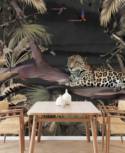 mural de papel pintado de la jungla oscura llamado Relaxing Jungle Jaguar Dark at Wallsauce para dormitorios y salas de estar