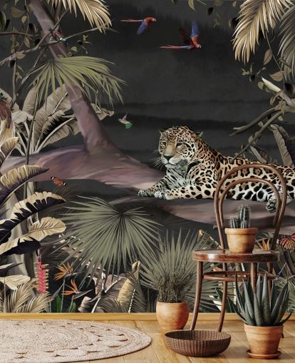 dark jungle wallpaper mural called Relaxing Jungle Jaguar Dark at Wallsauce for bedrooms and living rooms