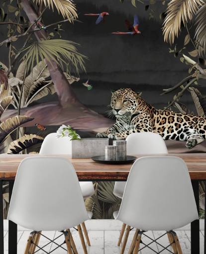 mörk djungel tapetväggmålning som heter Relaxing Jungle Jaguar Dark på Wallsauce för sovrum och vardagsrum