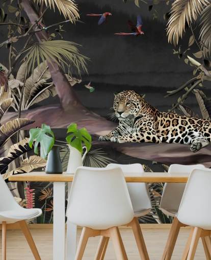 dark jungle wallpaper mural called Relaxing Jungle Jaguar Dark at Wallsauce for bedrooms and living rooms