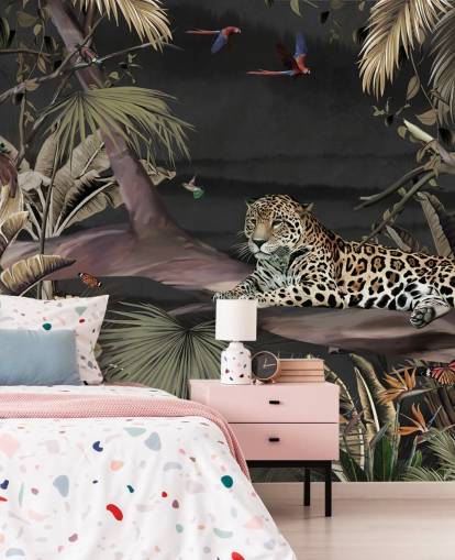 dark jungle wallpaper mural called Relaxing Jungle Jaguar Dark at Wallsauce for bedrooms and living rooms dark jungle wallpaper mural called Relaxing Jungle Jaguar Dark at Wallsauce for bedrooms and living rooms