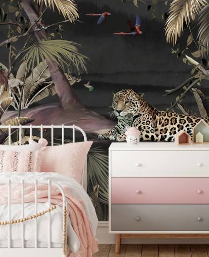 papier peint mural Dark Jungle appelé Relaxing Jungle Jaguar Dark chez Wallsauce pour chambres et salons