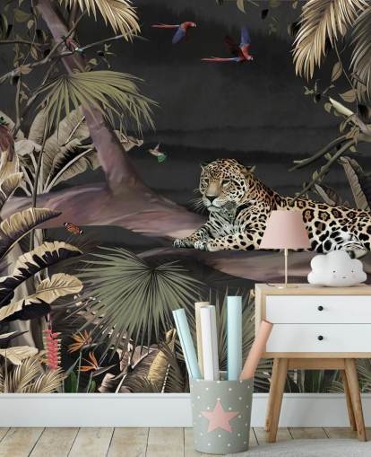 dark jungle wallpaper mural called Relaxing Jungle Jaguar Dark at Wallsauce for bedrooms and living rooms dark jungle wallpaper mural called Relaxing Jungle Jaguar Dark at Wallsauce for bedrooms and living rooms