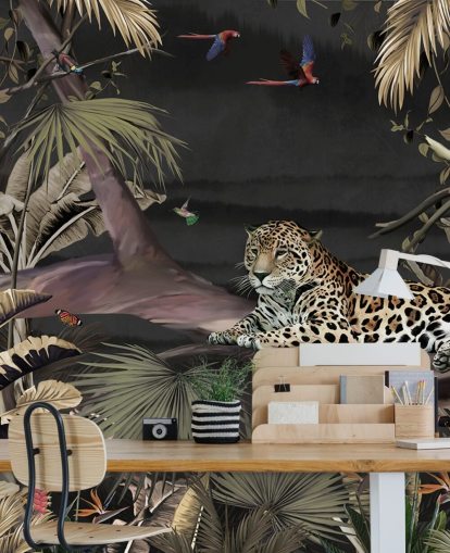 dark jungle wallpaper mural called Relaxing Jungle Jaguar Dark at Wallsauce for bedrooms and living rooms dark jungle wallpaper mural called Relaxing Jungle Jaguar Dark at Wallsauce for bedrooms and living rooms