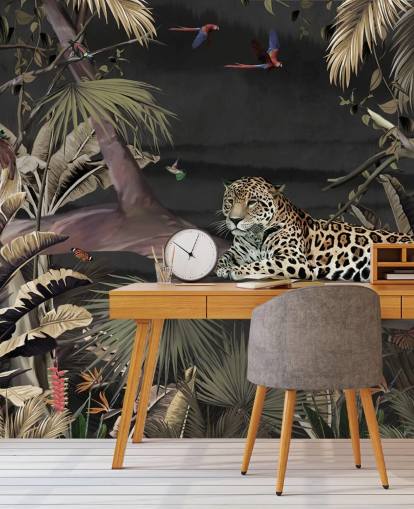mørk jungle tapetmaleri kaldet Relaxing Jungle Jaguar Dark på Wallsauce til soveværelser og stuer