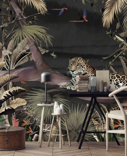 mural de papel pintado de la jungla oscura llamado Relaxing Jungle Jaguar Dark at Wallsauce para dormitorios y salas de estar