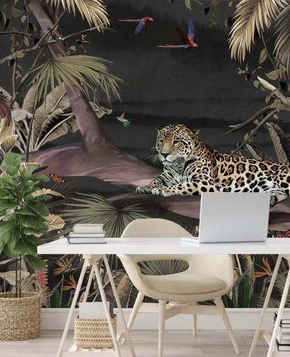 mørk jungle tapetmaleri kaldet Relaxing Jungle Jaguar Dark på Wallsauce til soveværelser og stuer