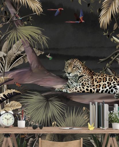 mørk jungle tapetmaleri kaldet Relaxing Jungle Jaguar Dark på Wallsauce til soveværelser og stuer mørk jungle tapetmaleri kaldet Relaxing Jungle Jaguar Dark på Wallsauce til soveværelser og stuer