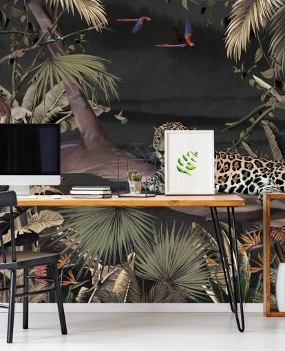mural de papel pintado de la jungla oscura llamado Relaxing Jungle Jaguar Dark at Wallsauce para dormitorios y salas de estar