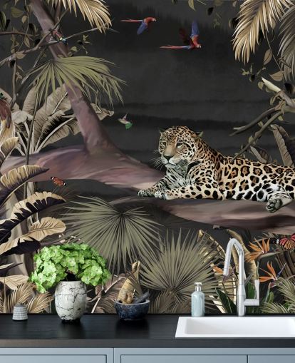 dark jungle wallpaper mural called Relaxing Jungle Jaguar Dark at Wallsauce for bedrooms and living rooms dark jungle wallpaper mural called Relaxing Jungle Jaguar Dark at Wallsauce for bedrooms and living rooms