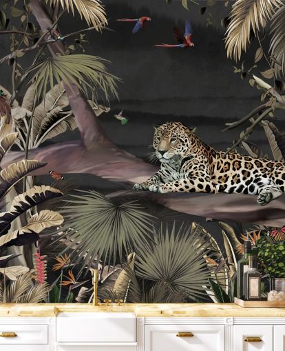 dark jungle wallpaper mural called Relaxing Jungle Jaguar Dark at Wallsauce for bedrooms and living rooms