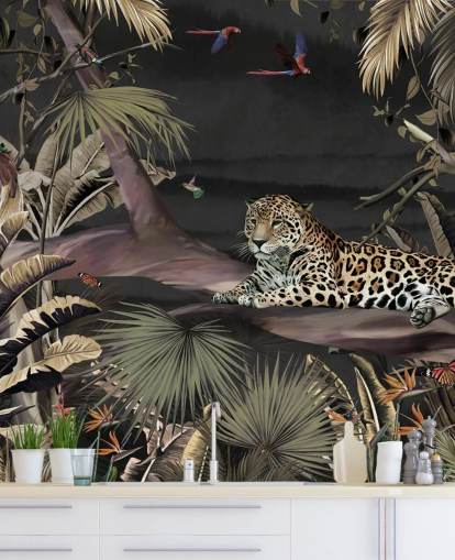 dunkles Dschungel-Tapeten-Wandbild namens Relaxing Jungle Jaguar Dark at Wallsauce für Schlafzimmer und Wohnzimmer