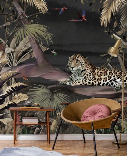 dark jungle wallpaper mural called Relaxing Jungle Jaguar Dark at Wallsauce for bedrooms and living rooms