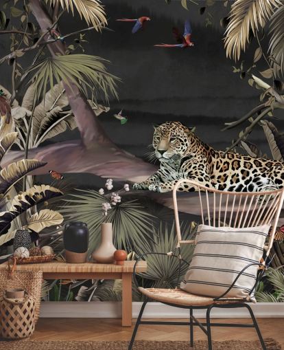 mörk djungel tapetväggmålning som heter Relaxing Jungle Jaguar Dark på Wallsauce för sovrum och vardagsrum mörk djungel tapetväggmålning som heter Relaxing Jungle Jaguar Dark på Wallsauce för sovrum och vardagsrum