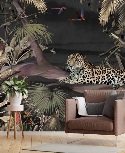 tumma viidakon taustakuvamaalaus nimeltä Relaxing Jungle Jaguar Dark Wallsaucessa makuuhuoneisiin ja olohuoneisiin tumma viidakon taustakuvamaalaus nimeltä Relaxing Jungle Jaguar Dark Wallsaucessa makuuhuoneisiin ja olohuoneisiin