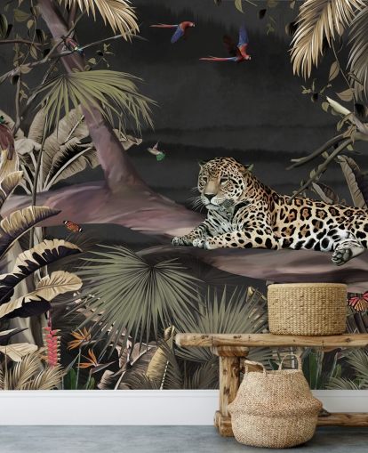 dunkles Dschungel-Tapeten-Wandbild namens Relaxing Jungle Jaguar Dark at Wallsauce für Schlafzimmer und Wohnzimmer