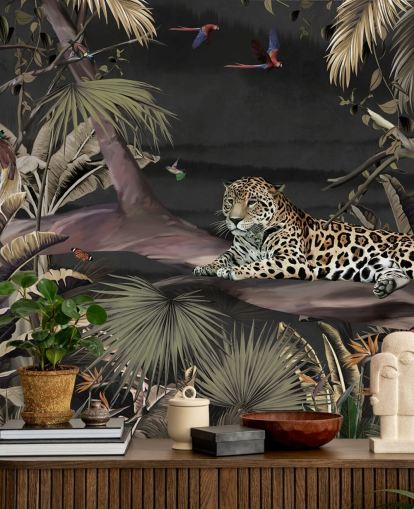 dark jungle wallpaper mural called Relaxing Jungle Jaguar Dark at Wallsauce for bedrooms and living rooms dark jungle wallpaper mural called Relaxing Jungle Jaguar Dark at Wallsauce for bedrooms and living rooms