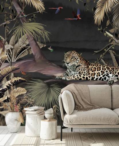 mørk jungle tapetmaleri kaldet Relaxing Jungle Jaguar Dark på Wallsauce til soveværelser og stuer