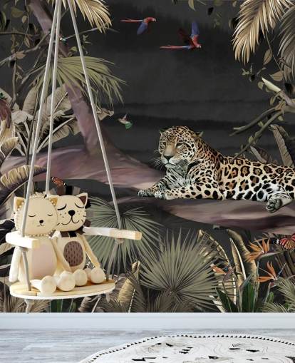 dark jungle wallpaper mural called Relaxing Jungle Jaguar Dark at Wallsauce for bedrooms and living rooms
