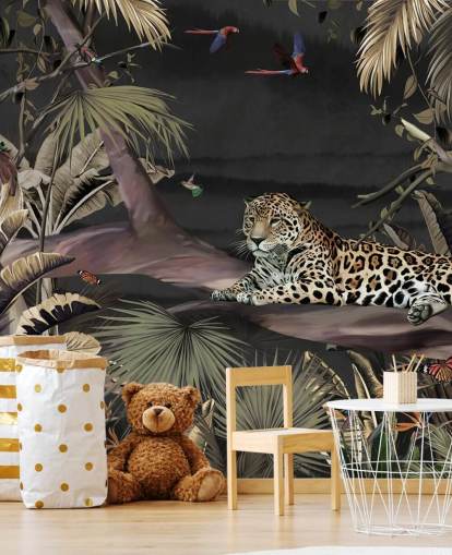 mural de papel pintado de la jungla oscura llamado Relaxing Jungle Jaguar Dark at Wallsauce para dormitorios y salas de estar
