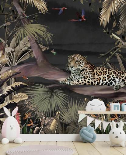 dunkles Dschungel-Tapeten-Wandbild namens Relaxing Jungle Jaguar Dark at Wallsauce für Schlafzimmer und Wohnzimmer dunkles Dschungel-Tapeten-Wandbild namens Relaxing Jungle Jaguar Dark at Wallsauce für Schlafzimmer und Wohnzimmer