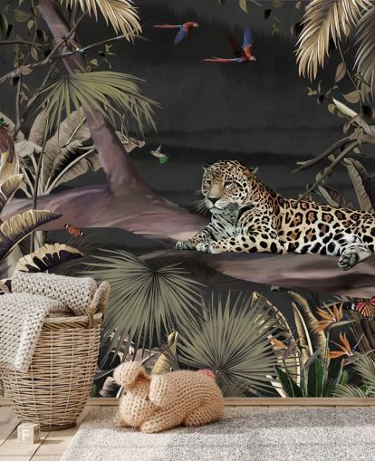 papier peint mural Dark Jungle appelé Relaxing Jungle Jaguar Dark chez Wallsauce pour chambres et salons papier peint mural Dark Jungle appelé Relaxing Jungle Jaguar Dark chez Wallsauce pour chambres et salons