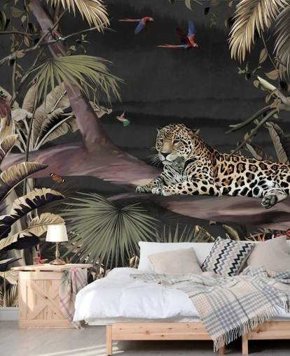 donkere jungle behangmuurschildering genaamd Relaxing Jungle Jaguar Dark at Wallsauce voor slaapkamers en woonkamers donkere jungle behangmuurschildering genaamd Relaxing Jungle Jaguar Dark at Wallsauce voor slaapkamers en woonkamers