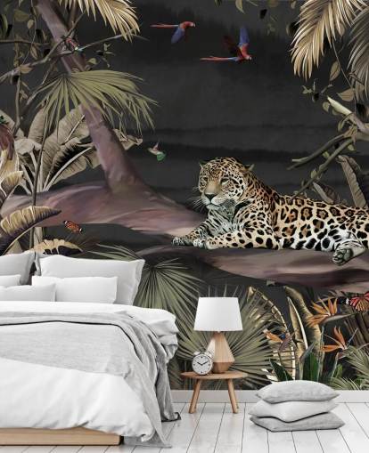 mørk jungel tapetmaleri kalt Relaxing Jungle Jaguar Dark på Wallsauce for soverom og stuer