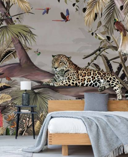 carta da parati murale con giungla chiamata Relaxing Jungle Jaguar at Wallsauce per camere da letto, corridoi e sale da pranzo