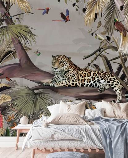 behangmuurschildering met de naam Relaxing Jungle Jaguar at Wallsauce voor slaapkamers, gangen en eetkamers