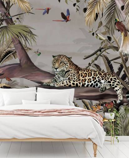 jungle tapetmaleri kaldet Relaxing Jungle Jaguar på Wallsauce til soveværelser, gange og spisestuer