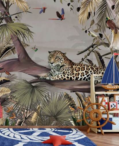 jungle wallpaper mural called Relaxing Jungle Jaguar at Wallsauce for bedrooms, hallways and dining rooms